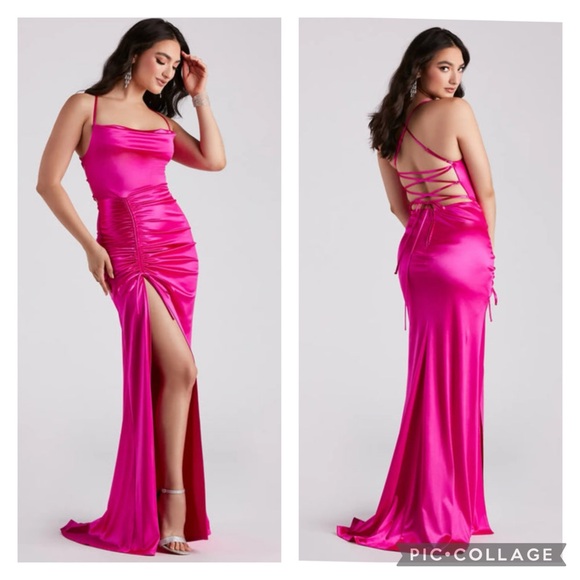 Windsor | Dresses | Windsor Fuchsia Ruched Satin Formal Dress | Poshmark